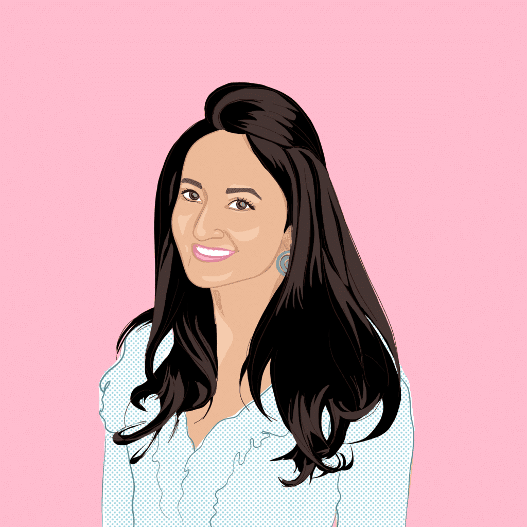 Cartoon image of Aditi Bagri with dark long brown hair, a white shirt with ruffles and a pink background