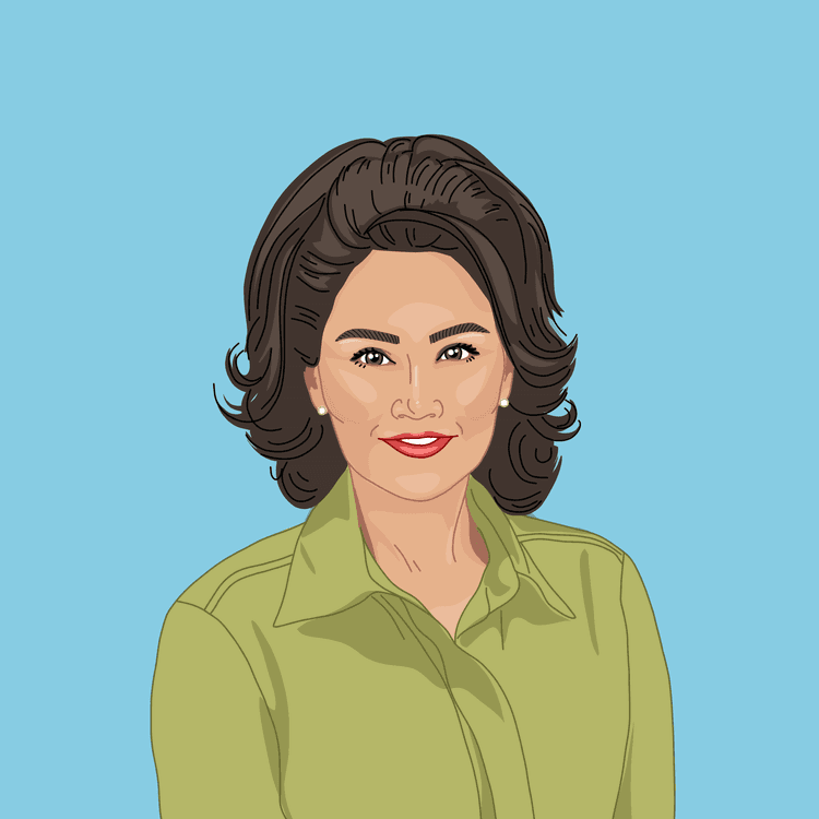 Cartoon image of Alka Bagri with black shoulder length hair, half up on her head, red lips and a green blouse against a blue background