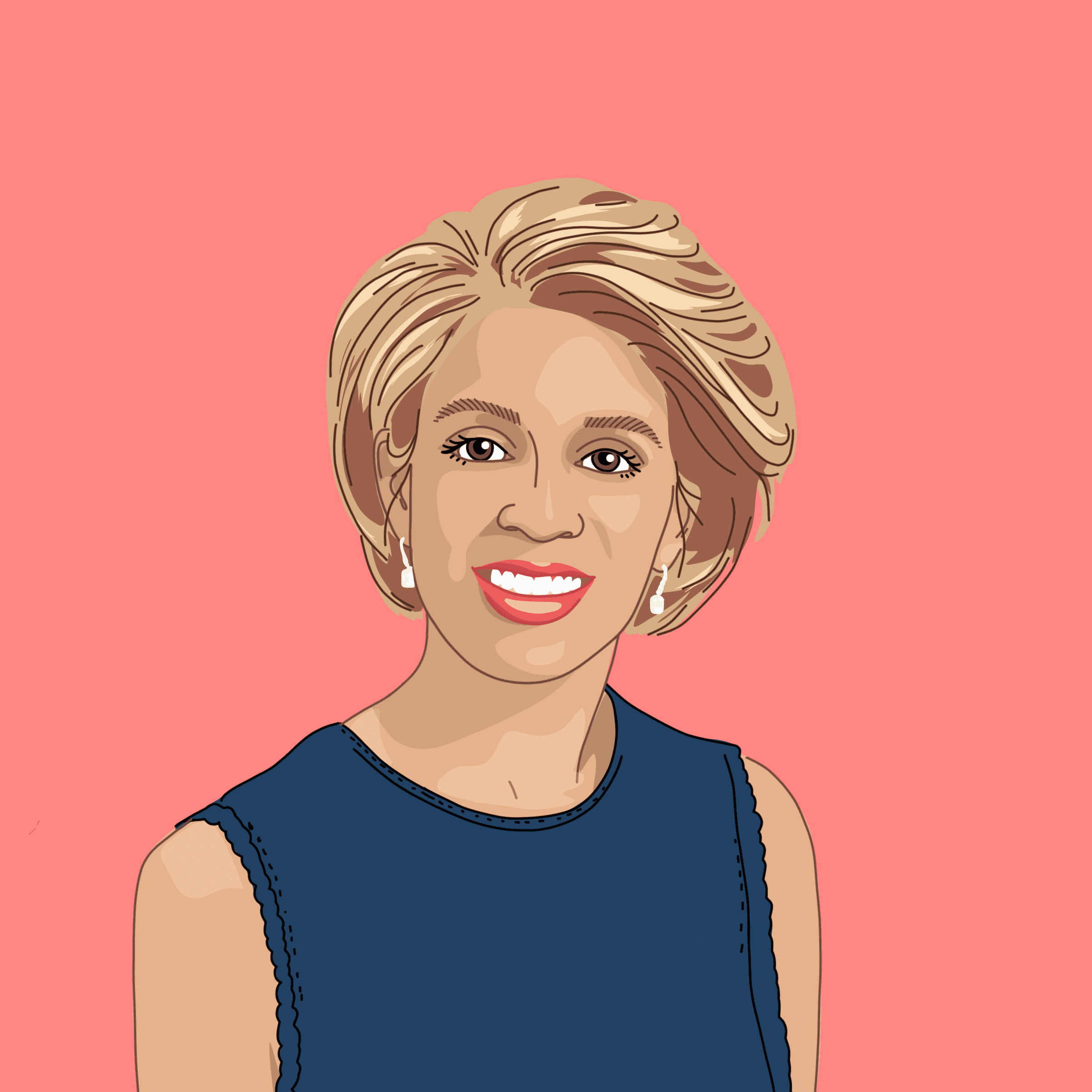 Cartoon image of Amisha Bagri with light blonde short hair, red lips, a dark blue sleeveless shirt and coral coloured background