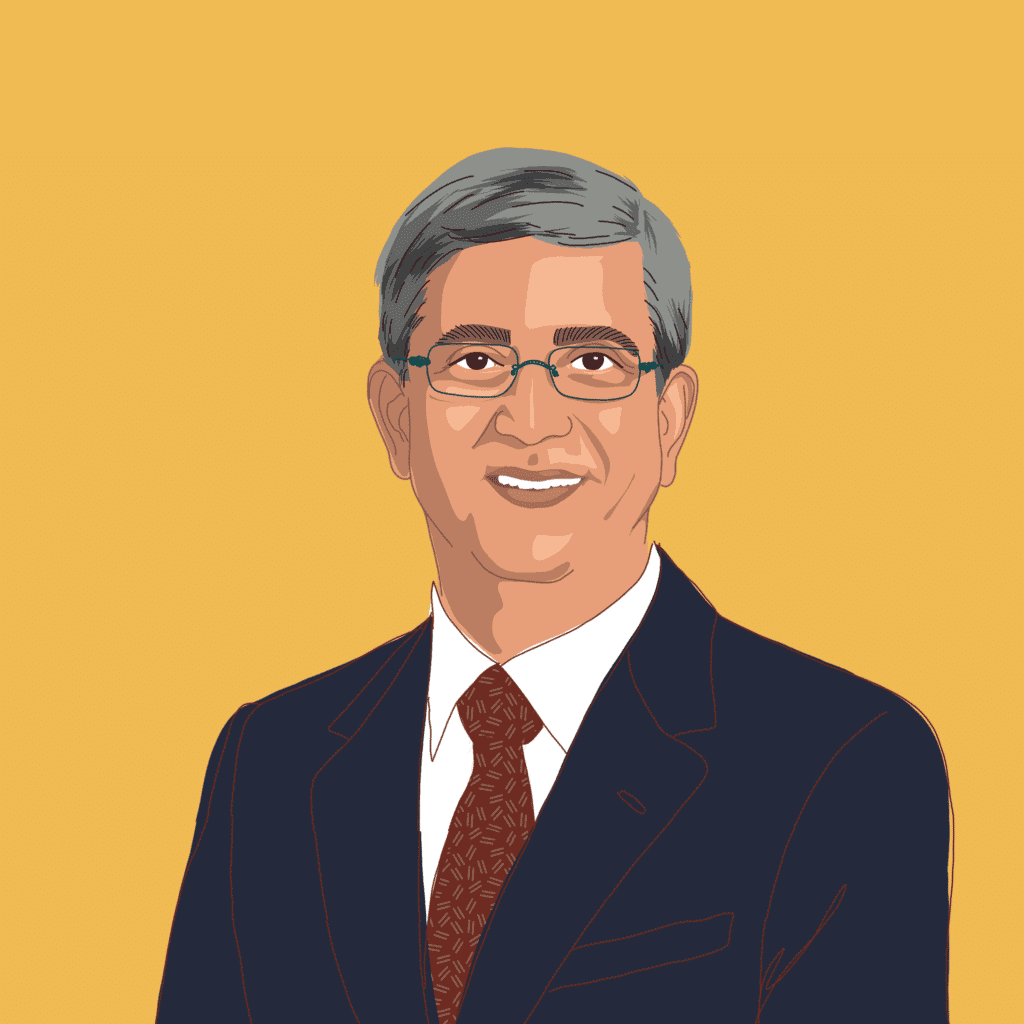 Cartoon image of Apurv Bagri with short grey and black hair, glasses, a dark blue suit, maroon tie and a mustard yellow background